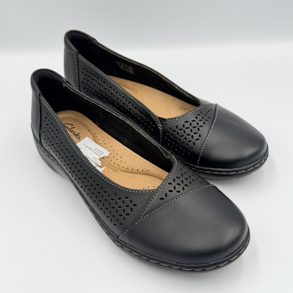 Clarks Cora Iris Black Leather Comfort Flats Perforated Women's US 9 M Shoes NEW